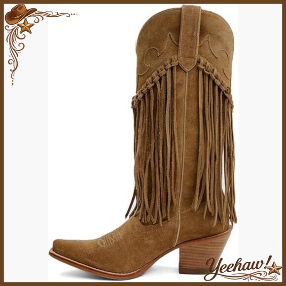 Fringe Cowboy Boots Snip Toe Chunky Heel Mid Calf Western Boots